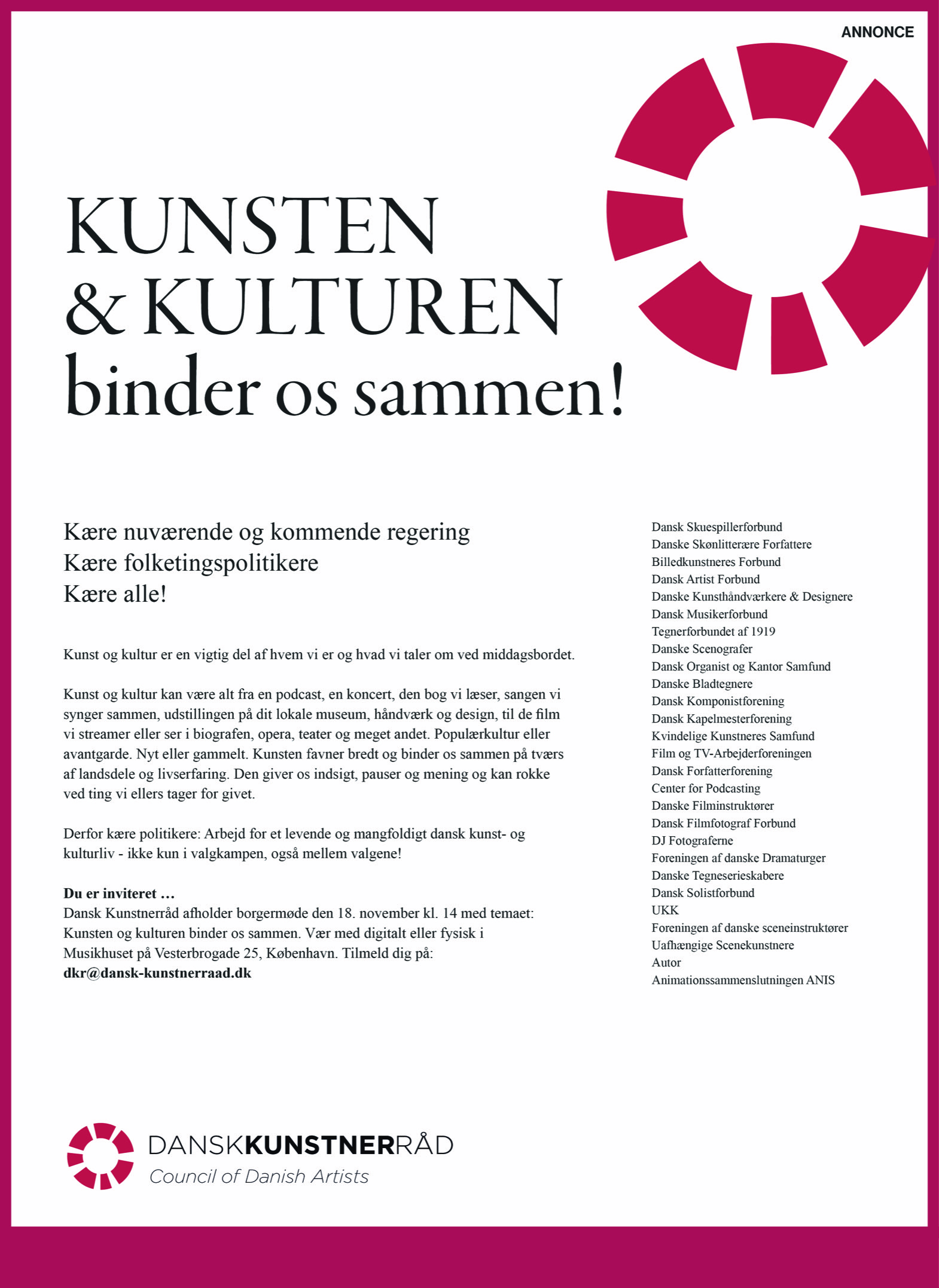 DKoD og medlemmer af Dansk Kunstnerråd i opråb til politikerne